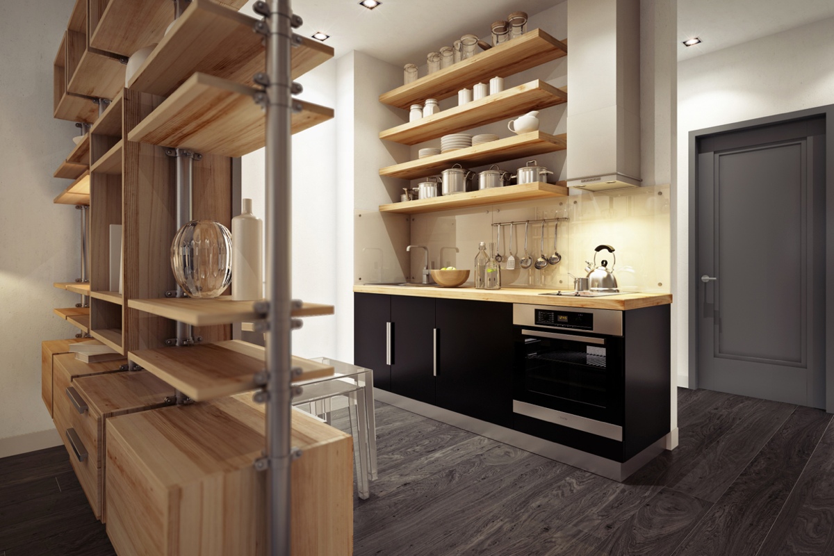 Beige-svart suite på et lite kjøkken