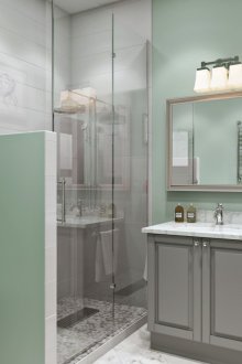 Μέντα, λευκά και γκρι χρώματα στο μπάνιο