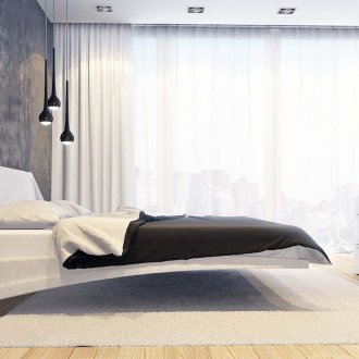 Ασυνήθιστο κρεβάτι σε ένα μινιμαλιστικό υπνοδωμάτιο