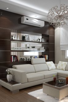 Λευκό κοντίσιονερ σε καφέ διαμέρισμα