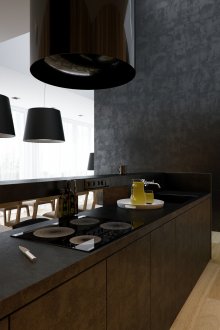 Μπεζ και μαύρη κουζίνα με στυλ μινιμαλισμού.