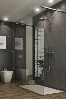 Γκρίζοι τοίχοι και προβολείς στο λουτρό Art Nouveau