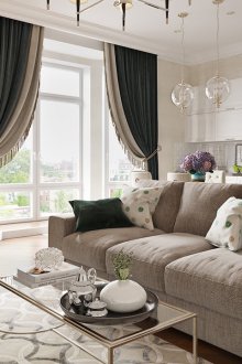 Συνδυασμένο σαλόνι-κουζίνα στο νεοκλασικό στιλ στο διαμέρισμα