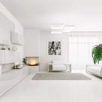 Σύγχρονος λευκό πολυέλαιος σε καθιστικό υψηλής τεχνολογίας