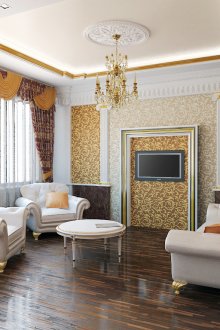 Λευκά, χρυσά και καφέ χρώματα στο σαλόνι σε κλασικό ύφος