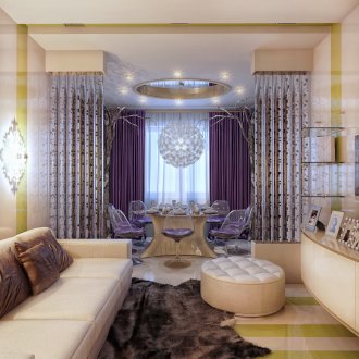 Μοντέρνο σαλόνι-κουζίνα σε μπεζ και λιλά χρώματα