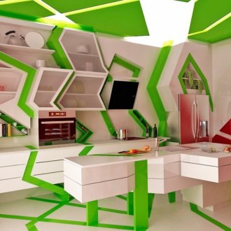 Λευκό, πράσινο και κόκκινο χρώμα στο εσωτερικό της κουζίνας με το στυλ του kitsch.