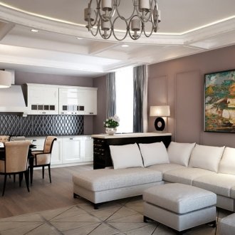 Όμορφος πολυέλαιος σε μοντέρνο σαλόνι-κουζίνα