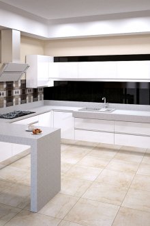 Κομψή μοντέρνα κουζίνα με μπαρ για πρωινό