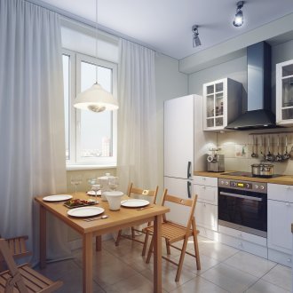 Καλή καφετιά και λευκή κουζίνα σε μοντέρνο στιλ