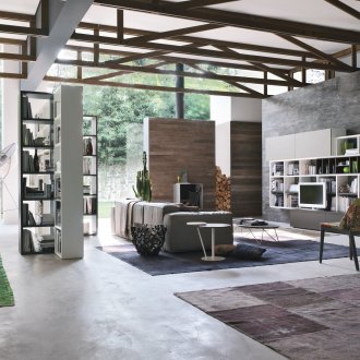 Καφέ-γκρι εσωτερικό με το στυλ του κονστρουκτιβισμού