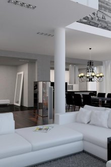 Πολυέλαιος και προβολείς στο σαλόνι-κουζίνα με το στυλ του κονστρουκτιβισμού