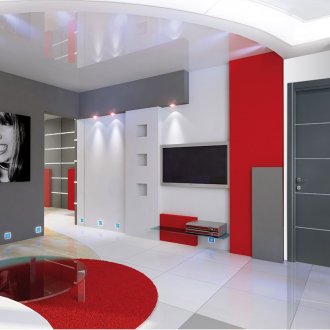 Κόκκινο, γκρι και λευκό χρώμα στο σαλόνι με το στυλ του κονστρουκτιβισμού