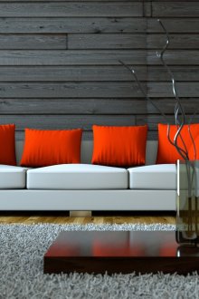 Φωτεινά πορτοκαλί μαξιλάρια σε έναν φωτεινό καναπέ