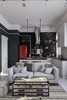 Μαύρο και άσπρο σαλόνι-κουζίνα σκανδιναβικού στυλ
