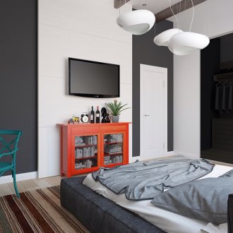 Πορτοκαλί, πράσινο και άλλες προφορές σε ασπρόμαυρη κρεβατοκάμαρα