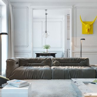 Γκρι καναπές στο σαλόνι με κίτρινη προφορά