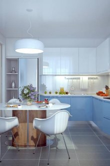 Όμορφη μπλε και άσπρη γωνιακή κουζίνα