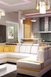 Κίτρινο τόνους σε ένα άνετο σαλόνι-κουζίνα