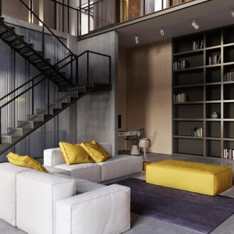 Λευκά και κίτρινα έπιπλα καθιστικού στυλ σοφίτα