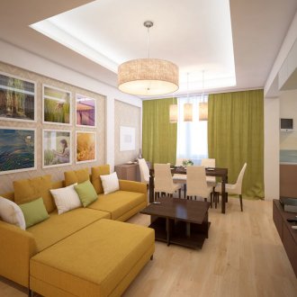 Κίτρινο γωνιακό καναπέ στο σαλόνι