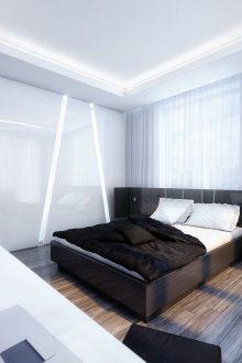 Ασπρόμαυρη, γυαλιστερή κρεβατοκάμαρα υψηλής τεχνολογίας