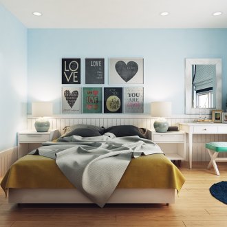 Μπλε, κίτρινο, καφέ και λευκά χρώματα στο υπνοδωμάτιο.