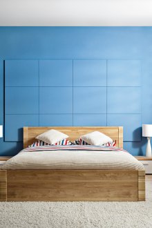 Καφέ, μπλε, μπεζ και λευκά χρώματα στο υπνοδωμάτιο.