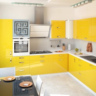 Γωνία λευκή και κίτρινη κουζίνα