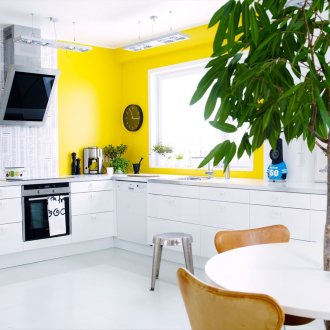 Λευκή και κίτρινη κουζίνα με ζωντανά φυτά