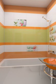 Πορτοκαλί, πράσινα, ασπρόμαυρα χρώματα στο εσωτερικό του μπάνιου