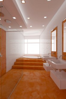 Λευκά και ασημένια υδραυλικά σε πορτοκαλί μπάνιο