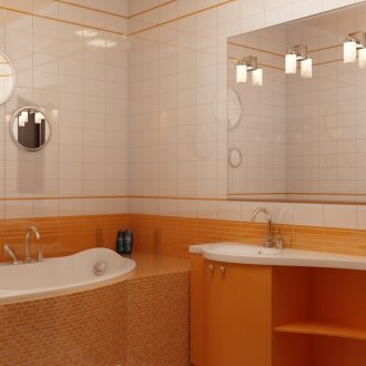 Πορτοκαλί μωσαϊκό, βάθρο και μέρος του τοίχου στο μπάνιο