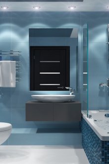 Γκρι ντουλάπι νιπτήρα σε μπάνιο υψηλής τεχνολογίας