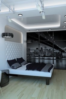 Κομψή ασπρόμαυρη υπνοδωμάτιο υψηλής τεχνολογίας