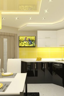 Γωνιακή κουζίνα με κίτρινη ποδιά