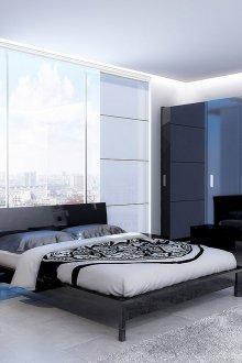 Μπλε, γκρι και μαύρο χρώμα στο υπνοδωμάτιο.