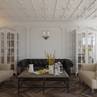 Λευκούς τοίχους και καφέ δάπεδο σε ένα χαλαρό σαλόνι