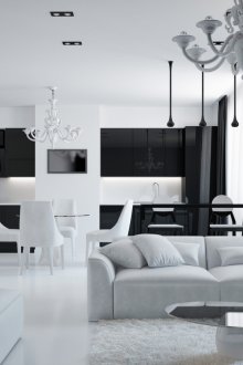 Μαύρο και άσπρο έπιπλα στο σαλόνι-κουζίνα με στυλ του μινιμαλισμού