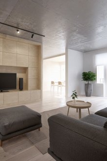 Μπεζ, καφέ και λευκά χρώματα στο σαλόνι με το στυλ του μινιμαλισμού.