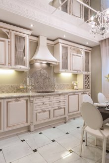 Λευκά και χρυσά έπιπλα κουζίνας κλασικού στιλ