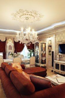 Κόκκινο επικαλυμμένο έπιπλο σε ένα κλασικό σαλόνι