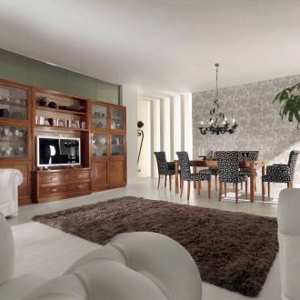 Καφέ και λευκά έπιπλα στο σαλόνι-τραπεζαρία κλασικού στιλ