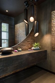 Ογκομετρική πάγκος από σκούρο ξύλο στο μπάνιο