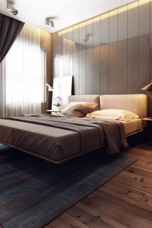 Μπεζ κρεβάτι και τοίχοι στο υπνοδωμάτιο