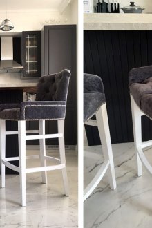 Μαύρη και λευκή κουζίνα με μπαρ για πρωινό