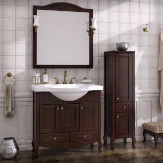 Καφέ καμπίνα και ντουλάπι οξιάς στο μπάνιο