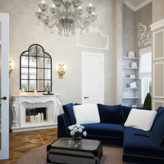 Μπλε καναπές γωνίας σε ένα γκρι-λευκό καθιστικό