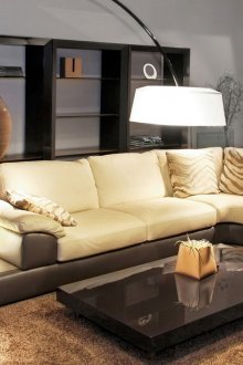 Μπεζ και μαύρο γωνιακό καναπέ στο σαλόνι