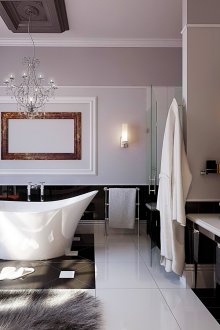 Κόκκινο, γκρι και λευκό υφάσματα στο μπάνιο